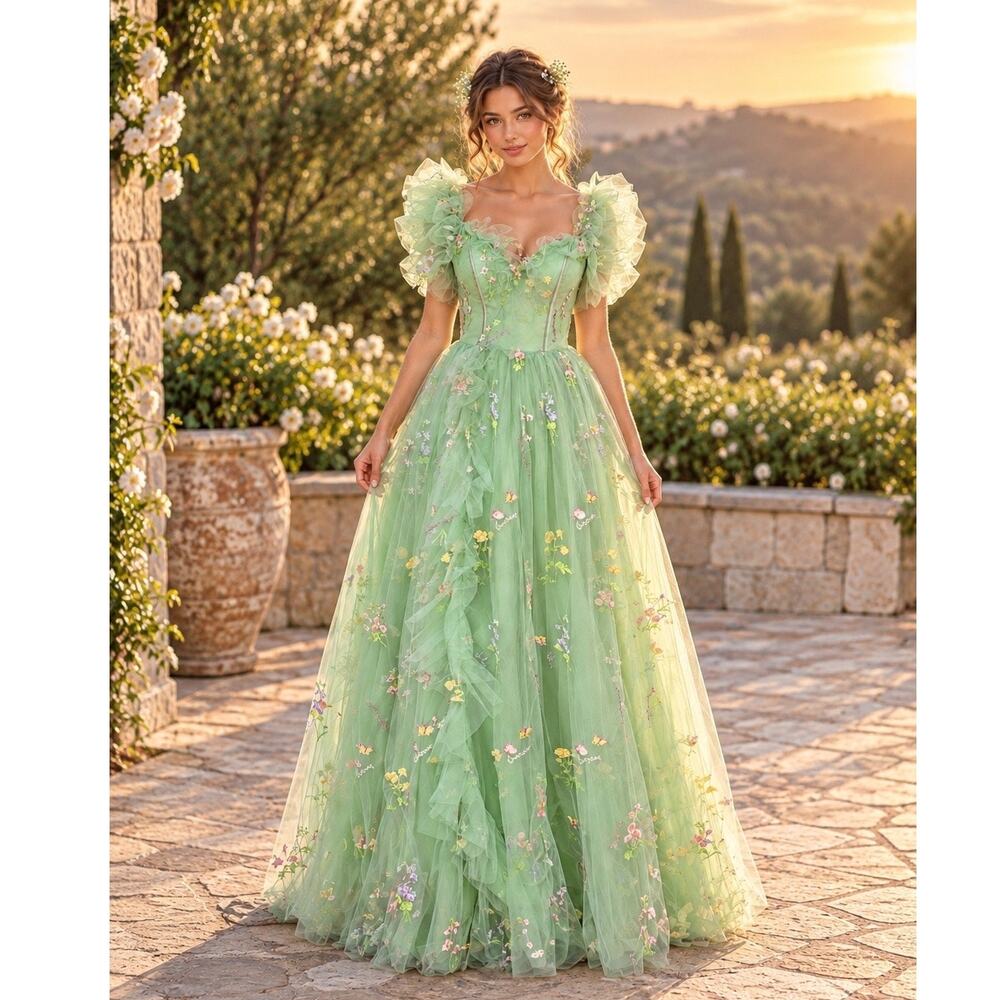 Sage Green Floral Tulle Corset Prom Dress 8 NWT Fairycore Coquette Formal